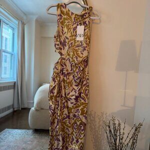 NEW Women's Zara PRINTED MIDI DRESS WITH METALLIC THREAD size S with tags